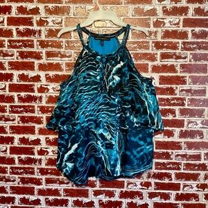 White House Black Market Teal Black Ripple Under Water Halter Blouse. 8